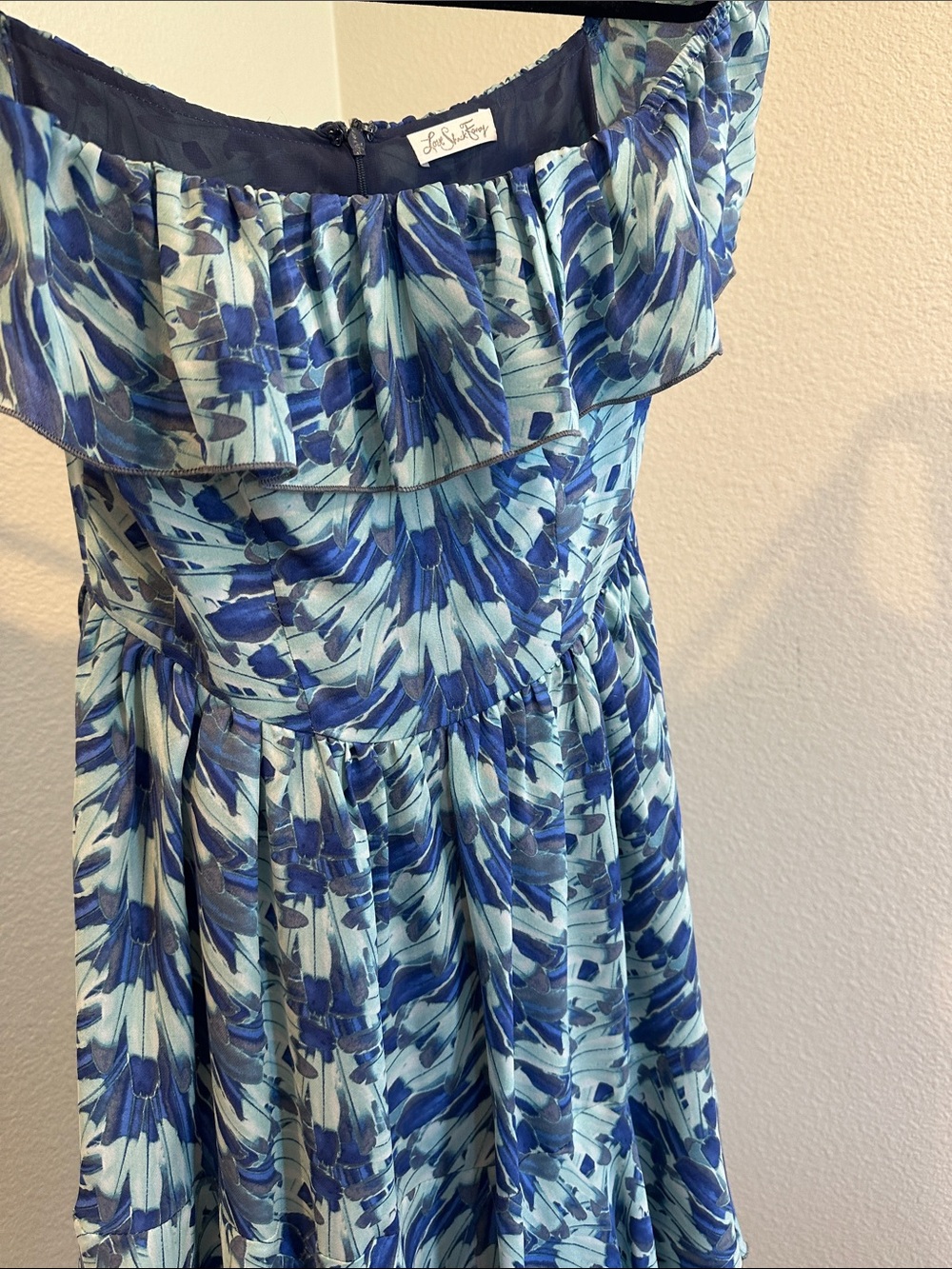 LoveShackFancy 100% Silk Blue Floral Off Shoulder Ruffle Dress Size 1 - Picture 17 of 17
